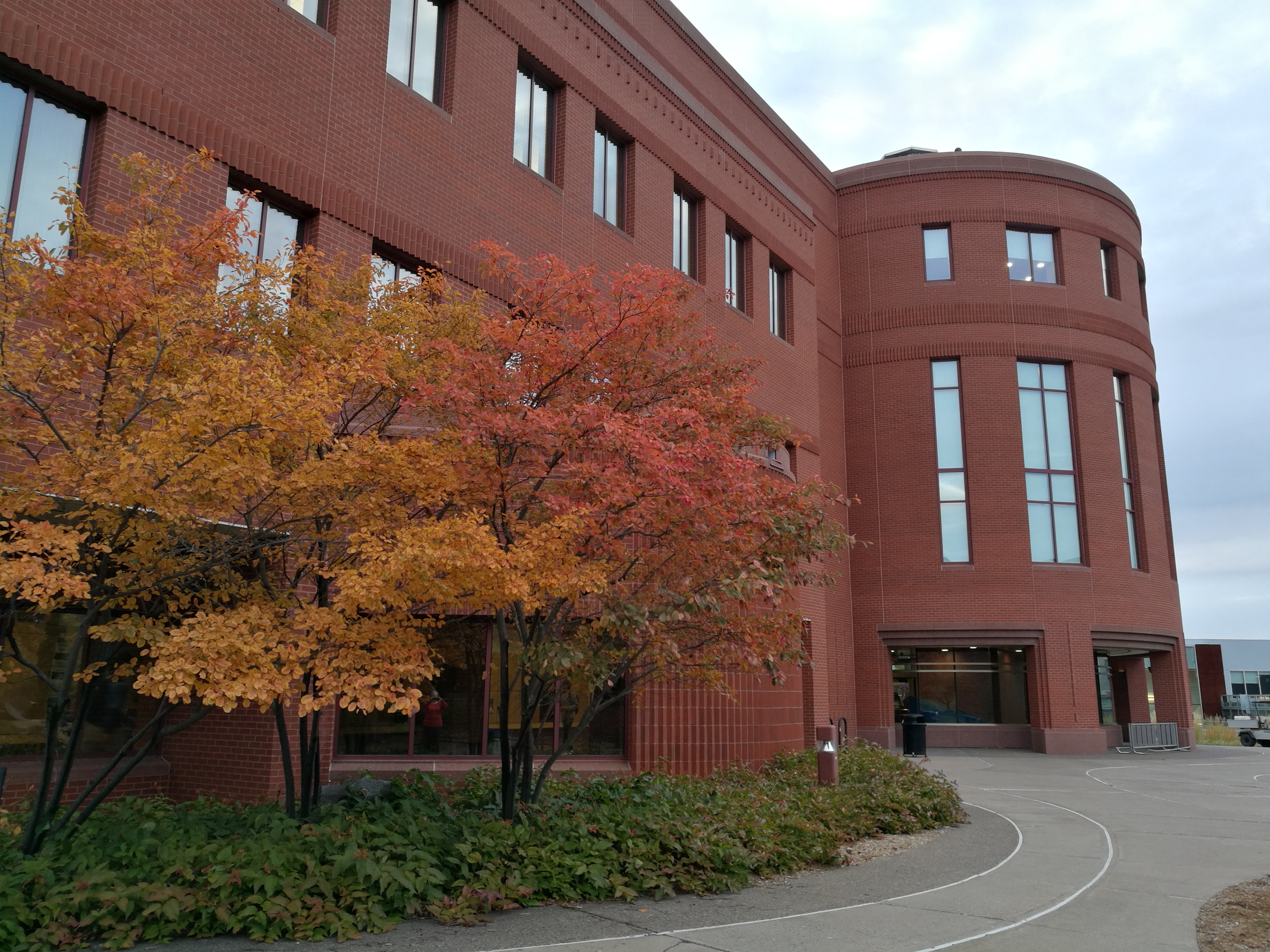 Exterior image, taken in the fall, of the UMD Kathryn A. Martin Library