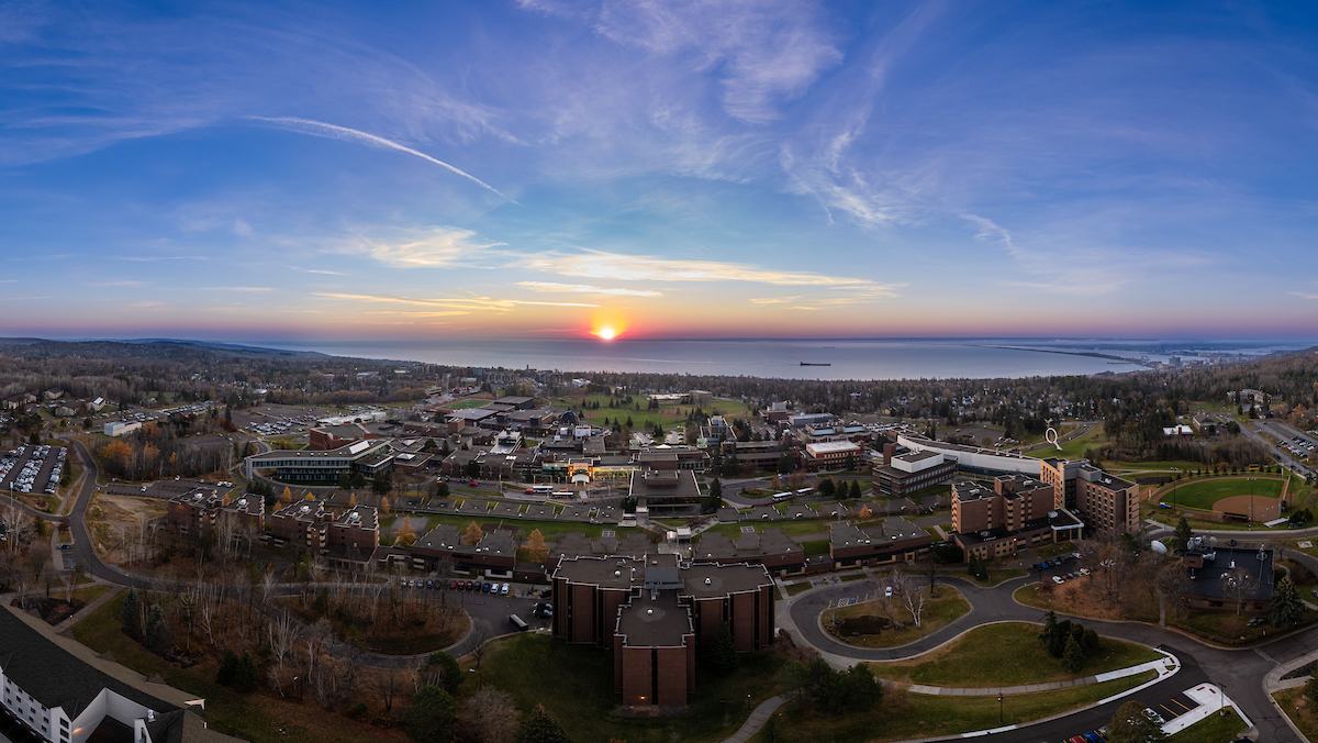 Aerial view of University of Minnesota Duluth (UMD) campus at sunrise